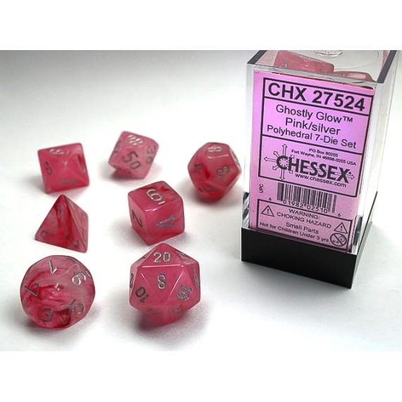 Chessex Ghostly Glow Polyhedral 7-Die Set - Pink w/Silver