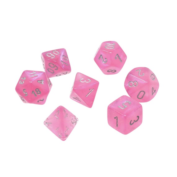 Borealis Polyhedral Pink/Silver Luminary Dice Set x7