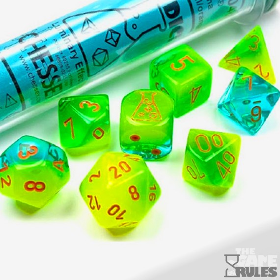 Chessex Gemini Polyhedral Plasma Green-Teal/orange Luminary 7-Die Set