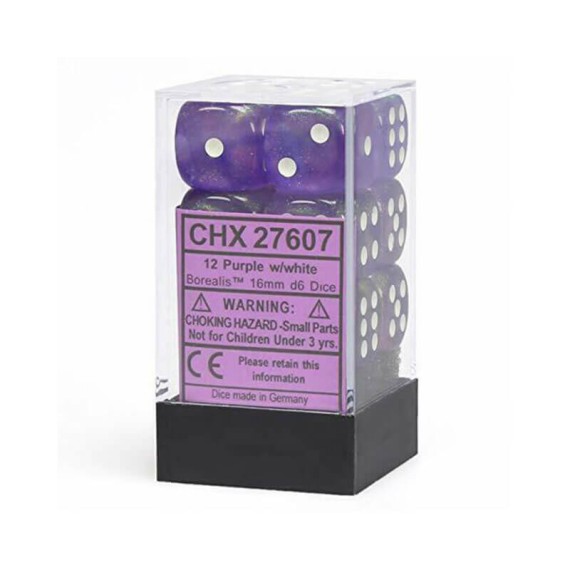 Chessex 16mm d6 with pips Dice Blocks (12 Dice) - Borealis Purple White