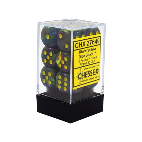 Chessex 16mm d6 with pips Dice Blocks (12 Dice) - Festive Rio w/yellow