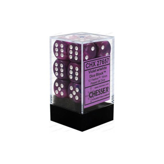 Chessex 16mm d6 with pips Dice Blocks (12 Dice) - Festive Violet w/white