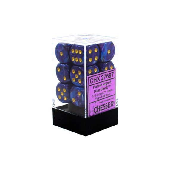 Chessex 16mm d6 with pips Dice Blocks (12 Dice) - Lustrous Purple w/gold