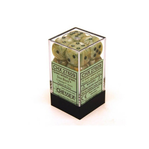 Chessex 16mm d6 with pips Dice Blocks (12 Dice) - Marble Green w/dark green