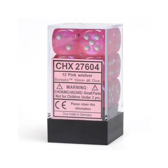 Chessex 16mm d6 with pips Dice Blocks (12 Dice) - Pink w/silver