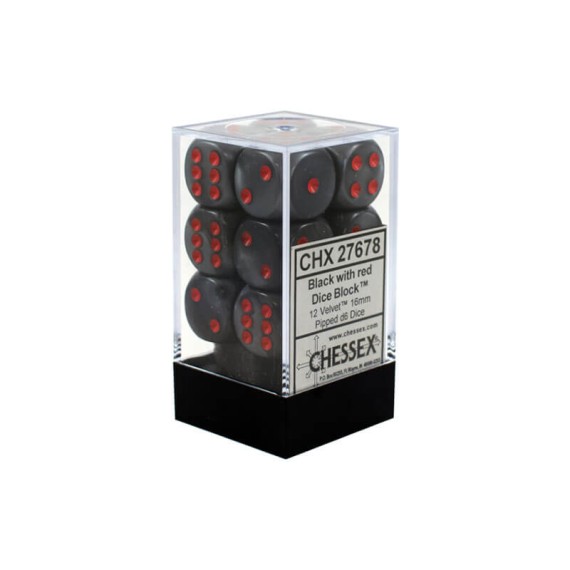Chessex 16mm d6 with pips Dice Blocks (12 Dice) - Velvet Black w/red