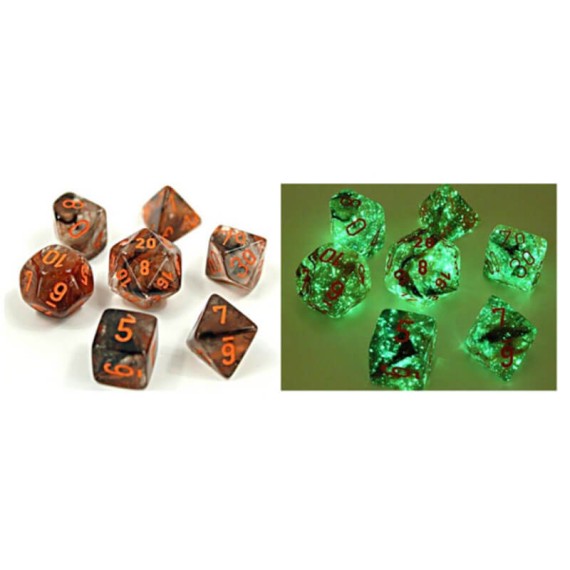 Chessex Lab Dice 4 - Nebula Copper Matrix/Orange Luminary (7 Die Set)