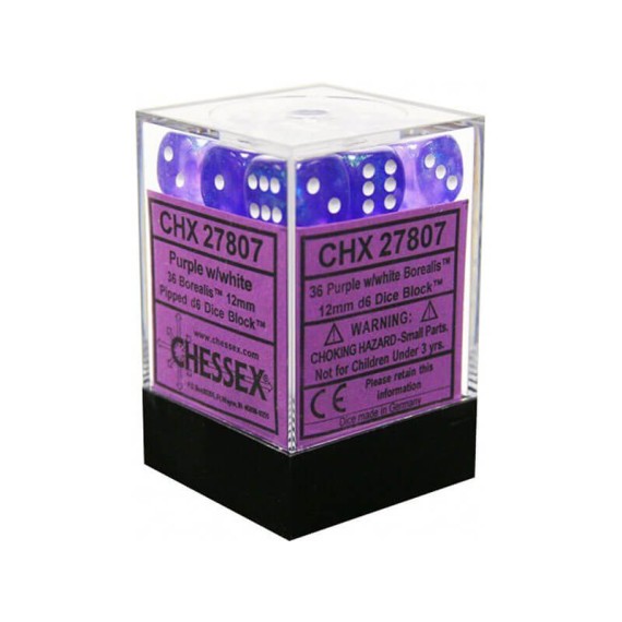 Chessex Signature 12mm d6 with pips Dice Blocks (36 Dice) - Borealis Purple w/white