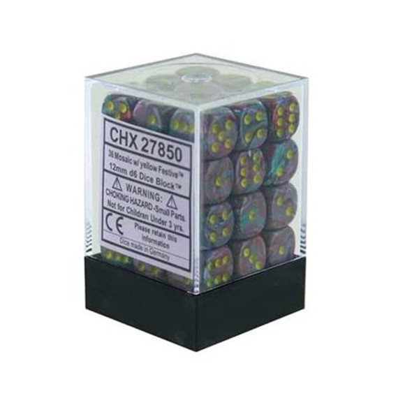 Chessex Signature 12mm d6 with pips Dice Blocks (36 Dice) - Festive Mosaic/yellow