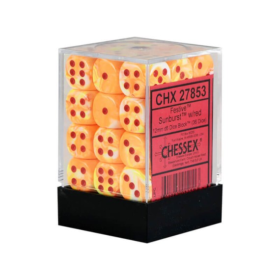 Chessex Signature 12mm d6 with pips Dice Blocks (36 Dice) - Festive Sunburst w/red