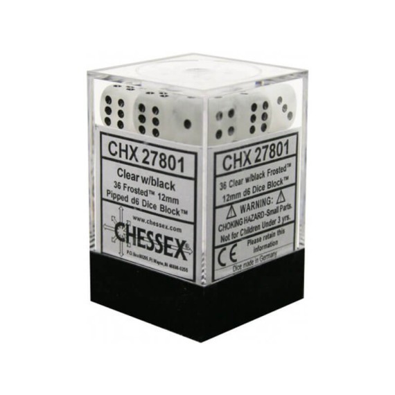 Chessex Signature 12mm d6 with pips Dice Blocks (36 Dice) - Frosted Clear w/black