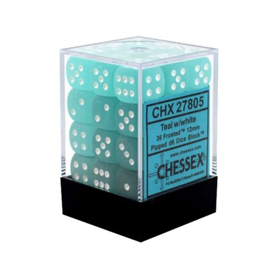 Chessex Signature 12mm d6 with pips Dice Blocks (36 Dice) - Frosted Teal w/white