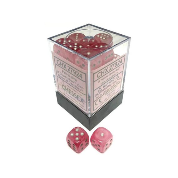 Chessex Signature 12mm d6 with pips Dice Blocks (36 Dice) - Ghostly Glow Pink/silver