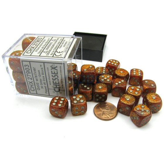 Chessex Signature: 12mm d6 with pips Dice Blocks (36 Dice) - Glitter Polyhedral Gold/silver