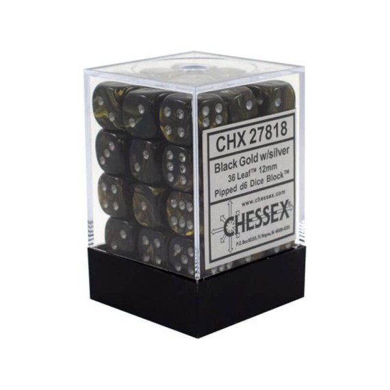 Chessex Signature 12mm d6 with pips Dice Blocks (36 Dice) - Leaf Black Gold w/silver
