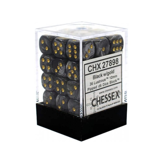 Chessex Signature 12mm d6 with pips Dice Blocks (36 Dice) - Lustrous Black w/gold