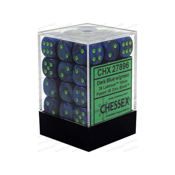 Chessex Signature 12mm d6 with pips Dice Blocks (36 Dice) - Lustrous Dark Blue w/green