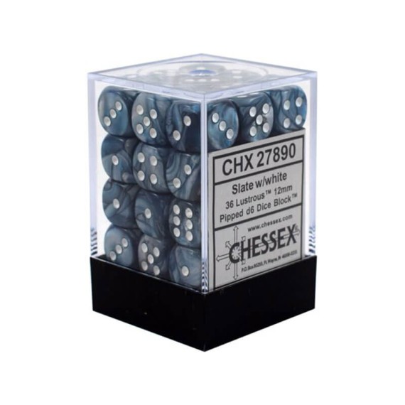 Chessex Signature 12mm d6 with pips Dice Blocks (36 Dice) - Lustrous Slate w/white