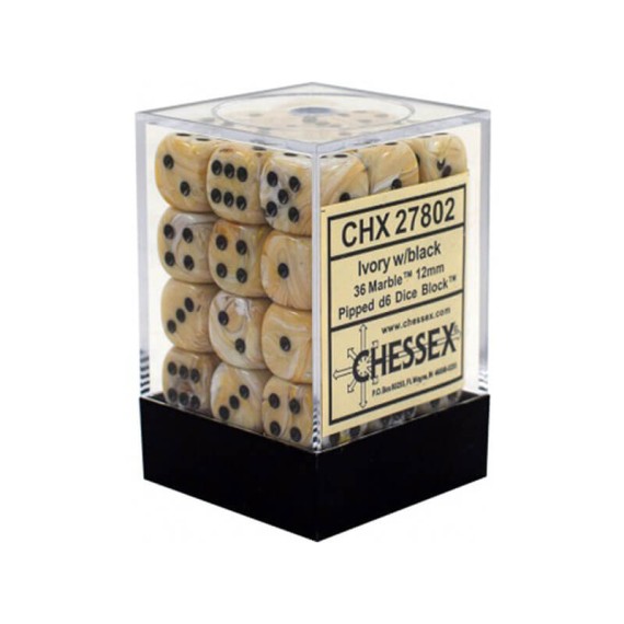 Chessex Signature 12mm d6 with pips Dice Blocks (36 Dice) - Marble Ivory w/black