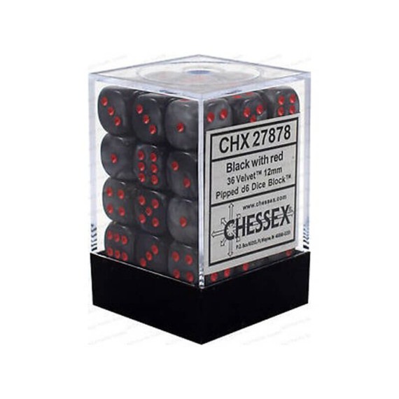 Chessex Signature 12mm d6 with pips Dice Blocks (36 Dice) - Velvet Black w/red