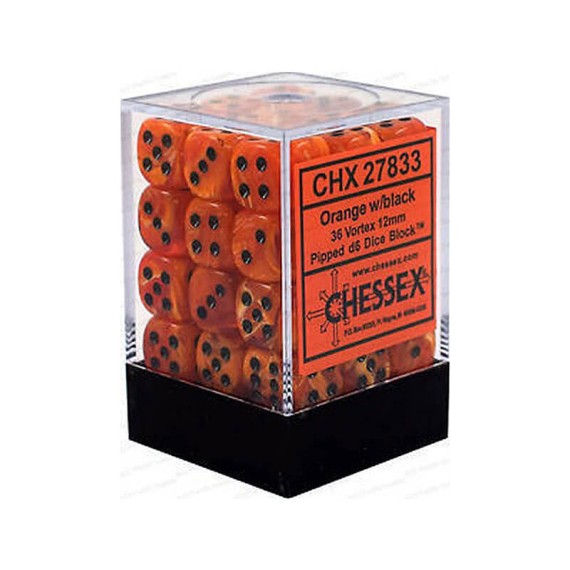 Chessex Signature 12mm d6 with pips Dice Blocks (36 Dice) - Vortex Orange w/black