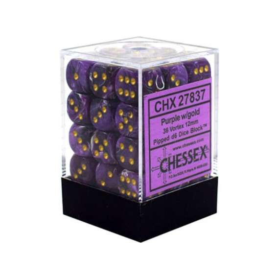 Chessex Signature 12mm d6 with pips Dice Blocks (36 Dice) - Vortex Purple w/gold