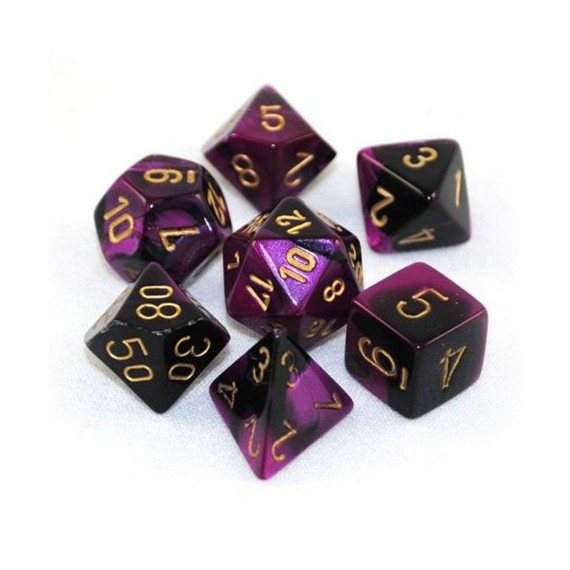 Gemini Mini-Polyhedral Black-Purple/gold 7-Die set