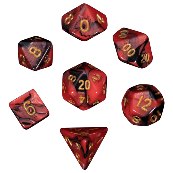 16mm Acrylic Dice Set Red Black with Gold Numbers