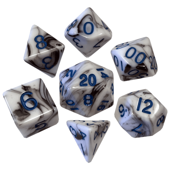 16mm Acrylic Poly Dice Set Marble with Blue Numbers