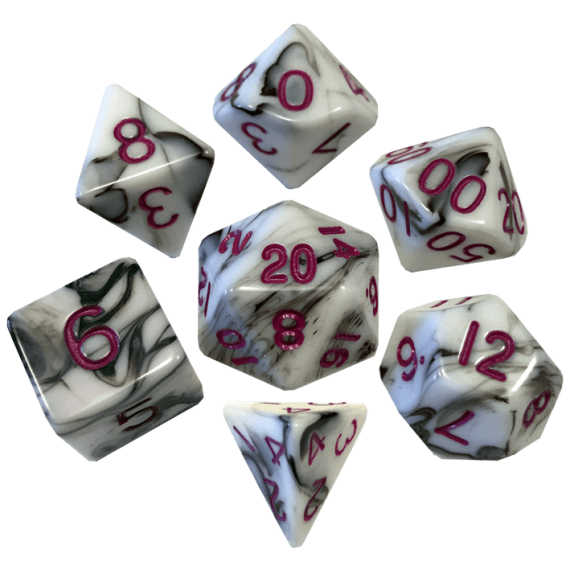 16mm Acrylic Poly Dice Set Marble with Purple Numbers