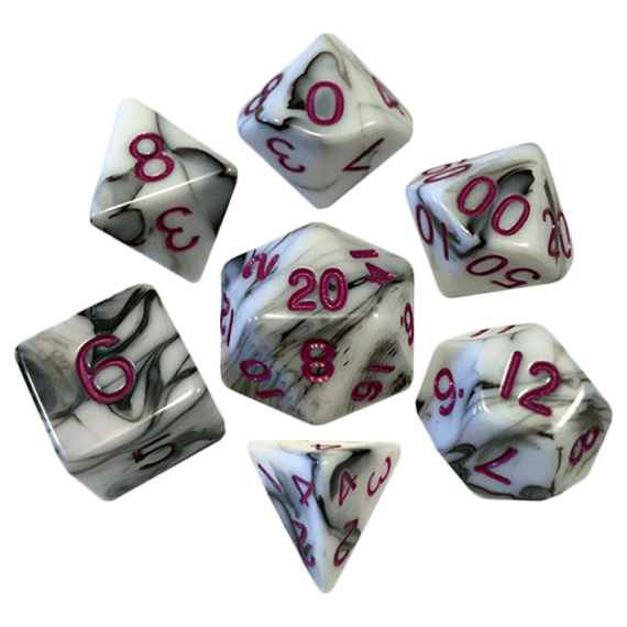 16mm Acrylic Poly Dice Set Marble with Red Numbers