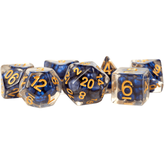 16mm Resin Pearl Dice Poly Set: Royal Blue with Gold Numbers