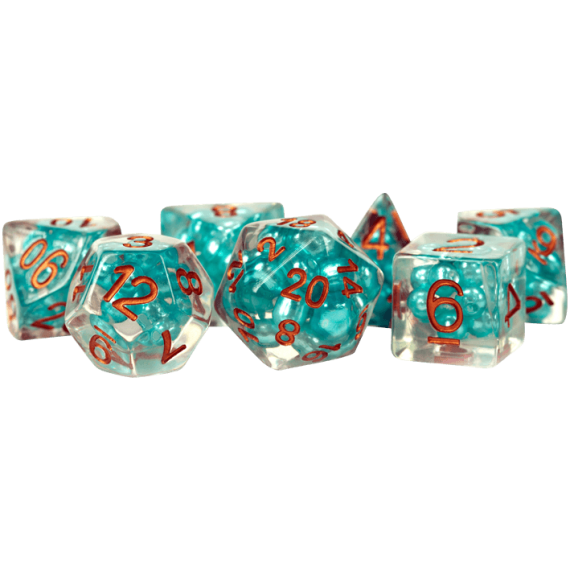 16mm Resin Pearl Dice Poly Set: Teal with Copper Numbers