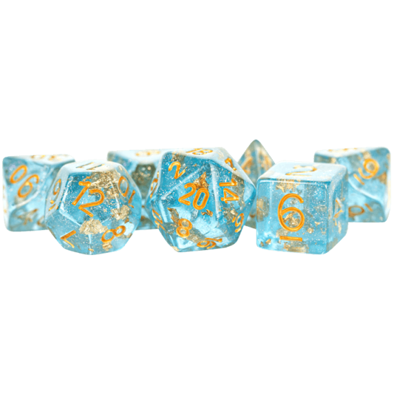 16mm Resin Polyhedral Dice Set Blue with Gold Foil