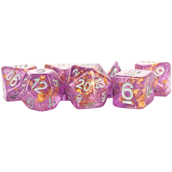 16mm Resin Polyhedral Dice Set Purple with Gold Foil