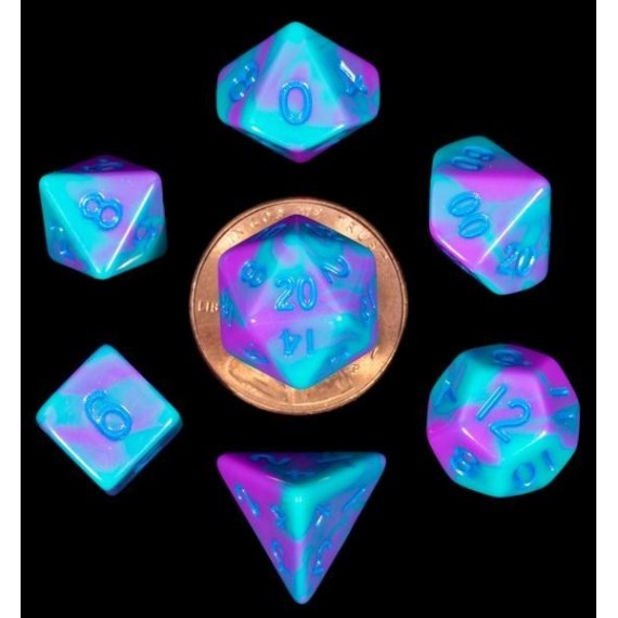 Mini Polyhedral Dice Set Purple/Teal with Blue Numbers