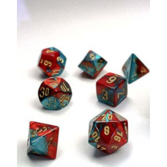 Gemini Mini-Polyhedral Red-Teal/gold 7-Die Set