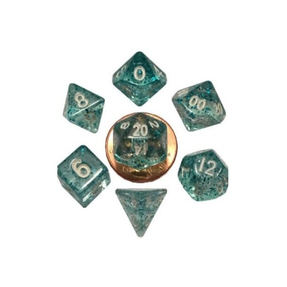 Mini Polyhedral Dice Set Ethereal Light Blue with White Numbers