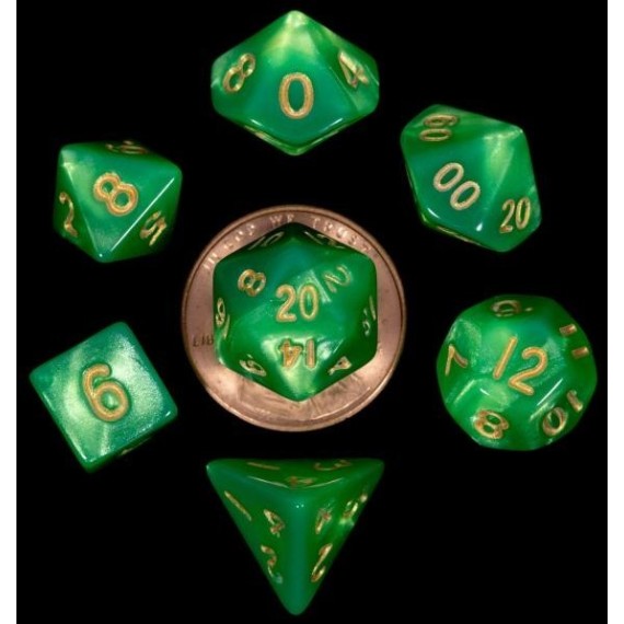 Mini Polyhedral Dice Set Light Green with Gold Numbers
