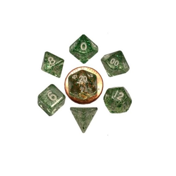 Mini Polyhedral Dice Set Ethereal Green with White Numbers