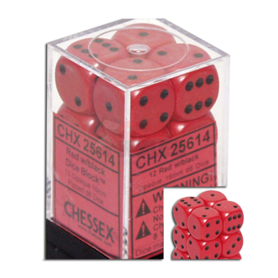 Opaque Dice D6 (16mm) - Red-Black (Pipped) x12