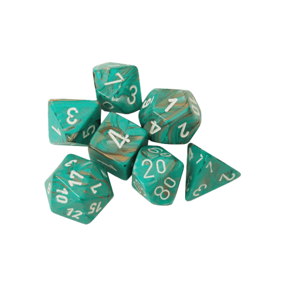 Marble Polyhedral Oxi-Copper/white Dice set x7