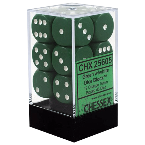 Opaque Dice D6 (16mm) - Green-White (Pipped) x12