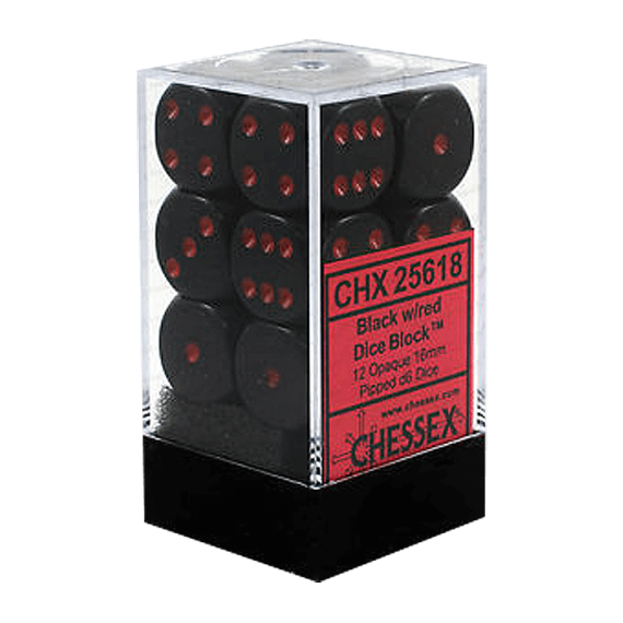 Opaque Dice D6 (16mm) -  Light Black/Red x12