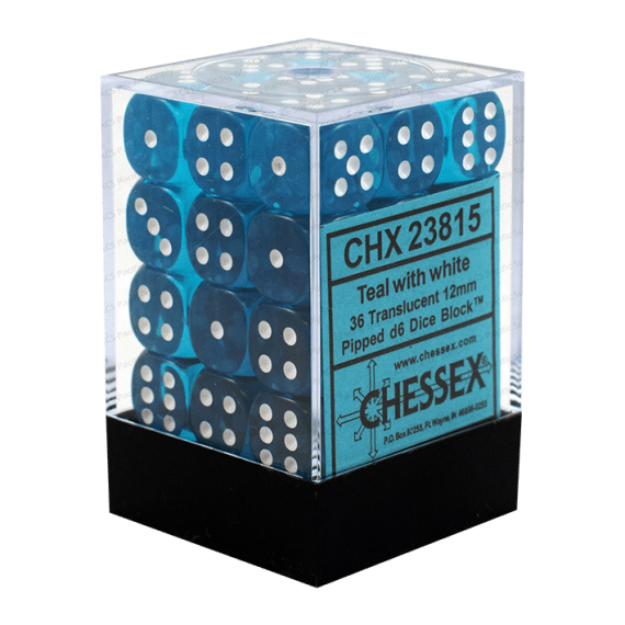 Translucent Dice D6 (12mm)  - Teal/White x36